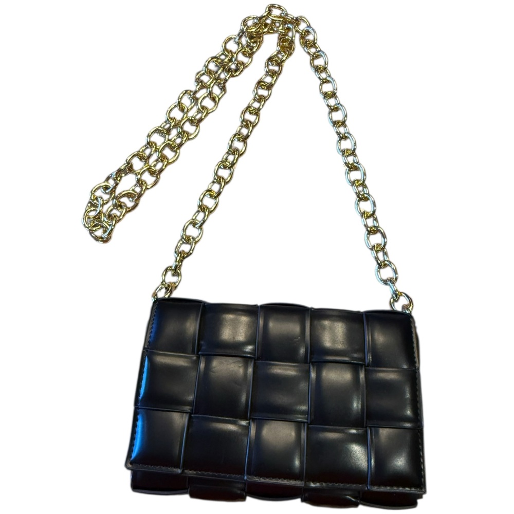 Black Faux Leather Basketweave Chain Shoulder Bag with Magnetic Closure